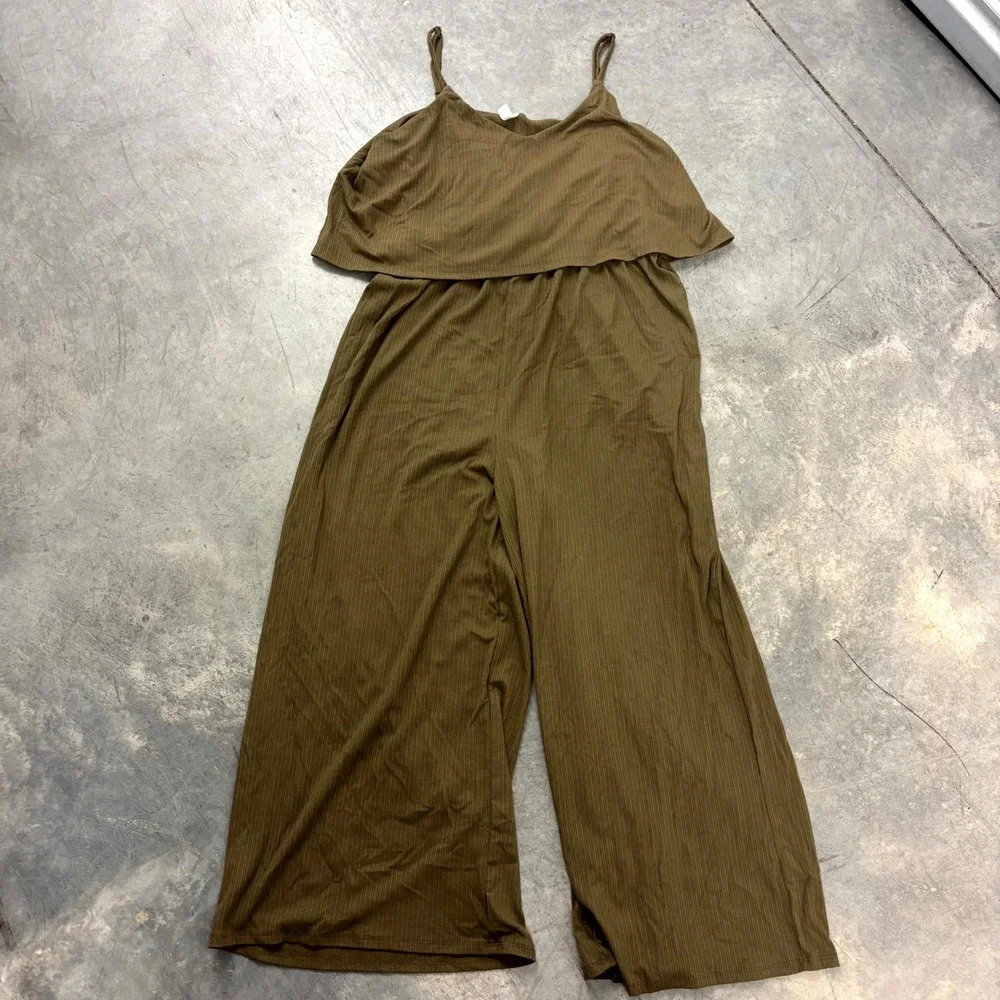 Zenana Womens Ribbed Wide Leg Jumpsuit Olive Green V Neck Sleeveless Plus 2X - Picture 9 of 9